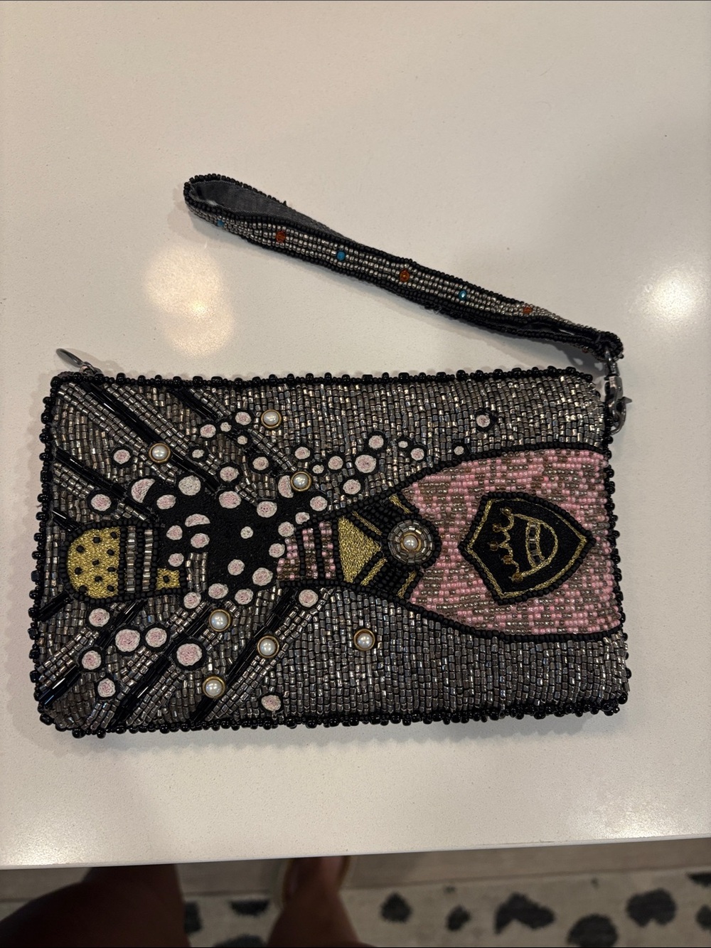 Mary Frances Beaded Sugar Skull Crossbody Clutch Black with Pink Floral Accents - Picture 5 of 9